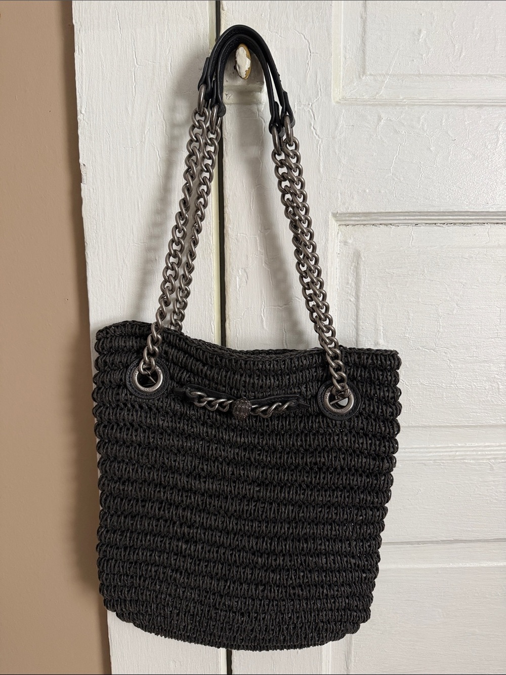 Black Woven Chain-Handle Tote Bag